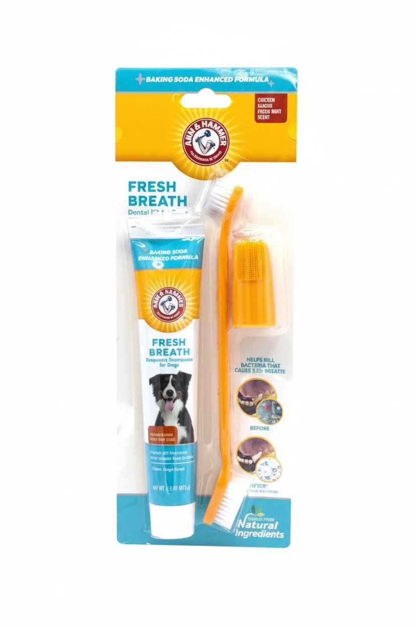 Kit Fresh Breath- Pasta de Dentes Sabor Frango-Escova e Dedeira para Cachorro- Arm e Hammer
